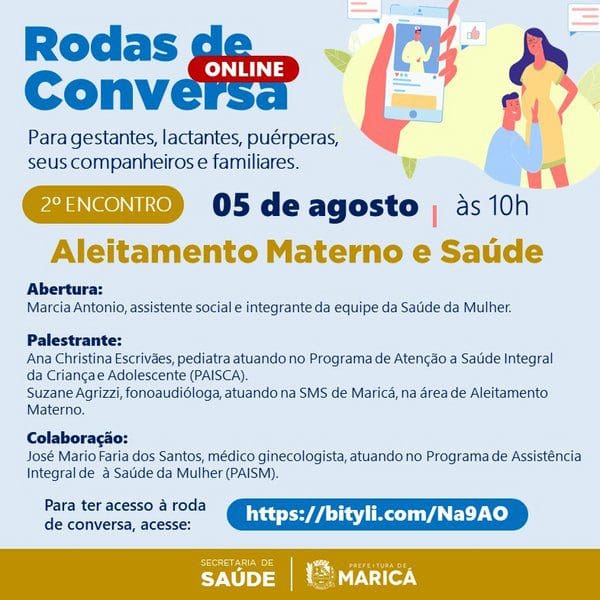 Roda de conversa online sobre aleitamento materno para gestantes, parceiros e profissionais da rede