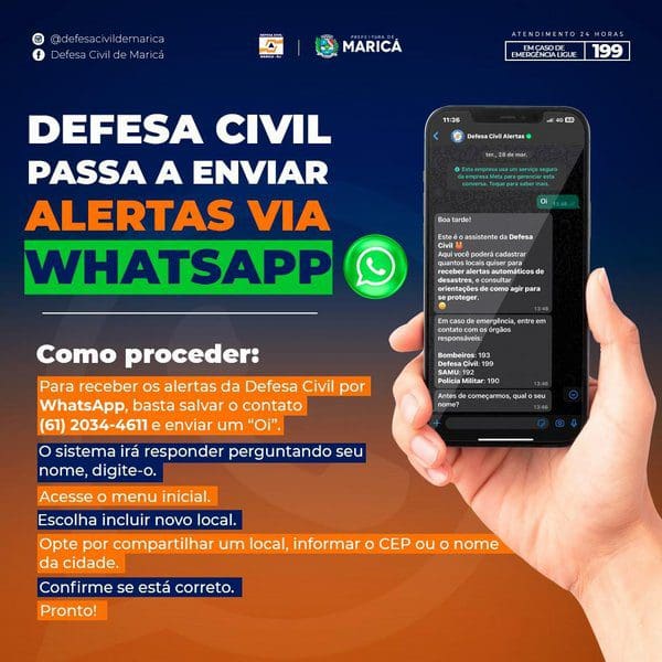 Defesa Civil de Maricá divulga WhatsApp para envio de alertas de desastres para a população