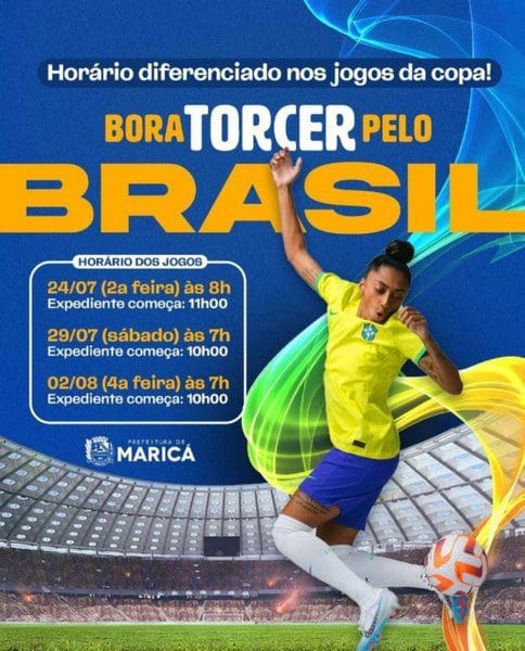 Maricá altera horário de funcionamento das repartições públicas durante jogos do Brasil na Copa do Mundo Feminina