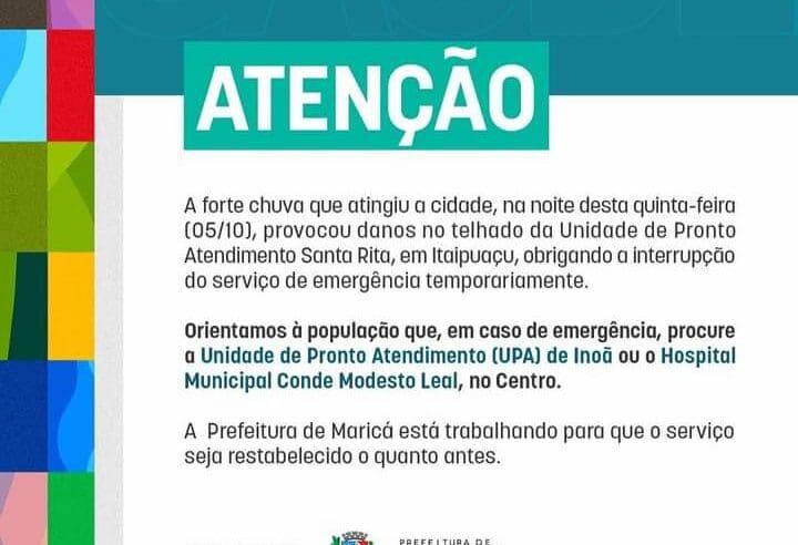 Chuva causa interrupção de atendimento na Unidade de Pronto Atendimento Santa Rita, em Itaipuaçu