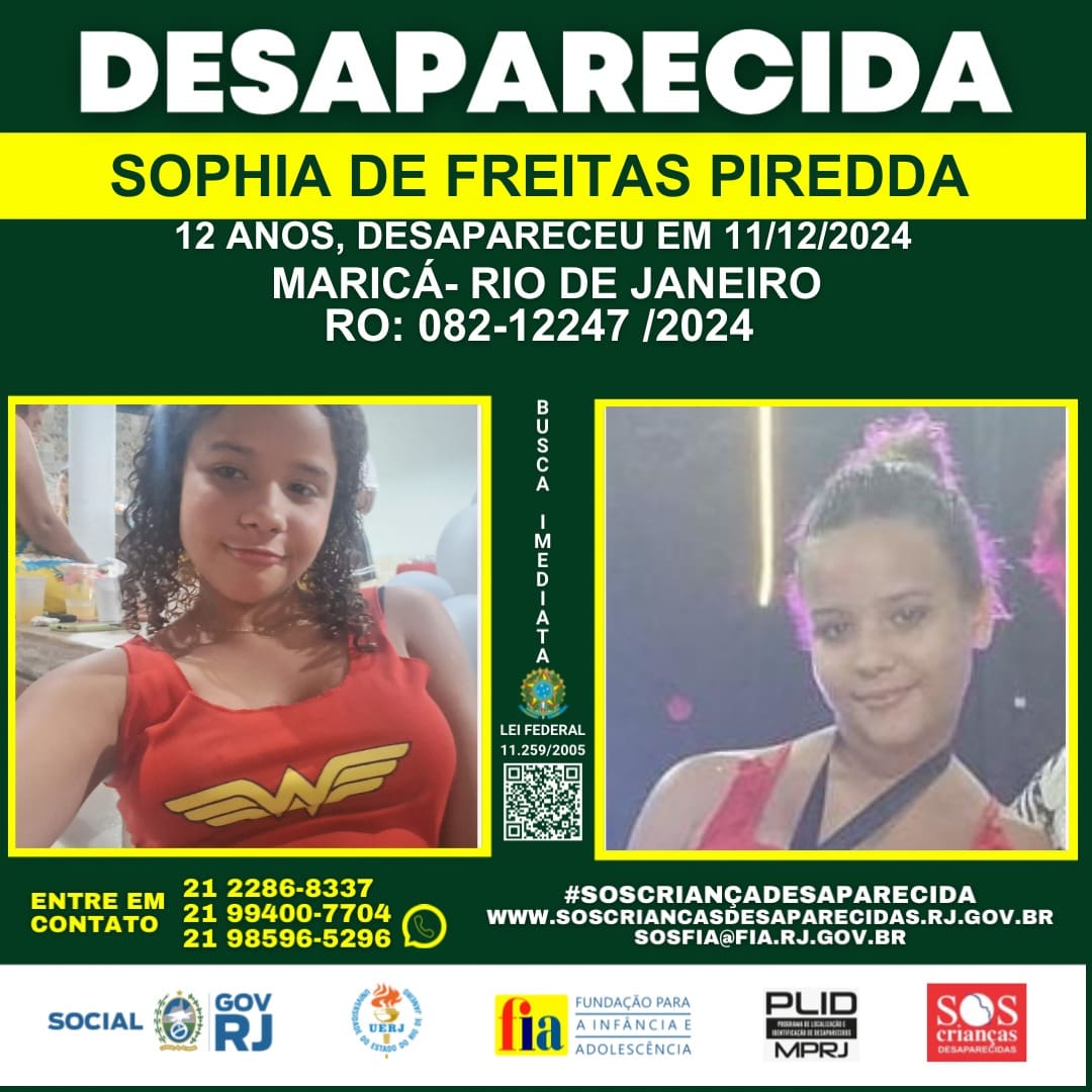 ENCONTRADA – Desaparecimento de Sophia de Freitas Piredda em Maricá