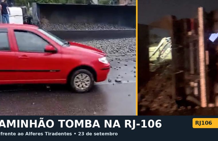 Caminhão tomba em frente ao Alferes Tiradentes e espalha pedras pela RJ-106