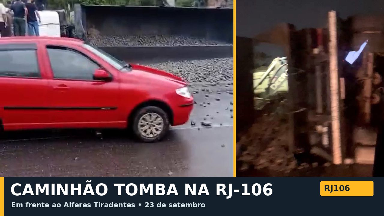 Caminhão tomba em frente ao Alferes Tiradentes e espalha pedras pela RJ-106