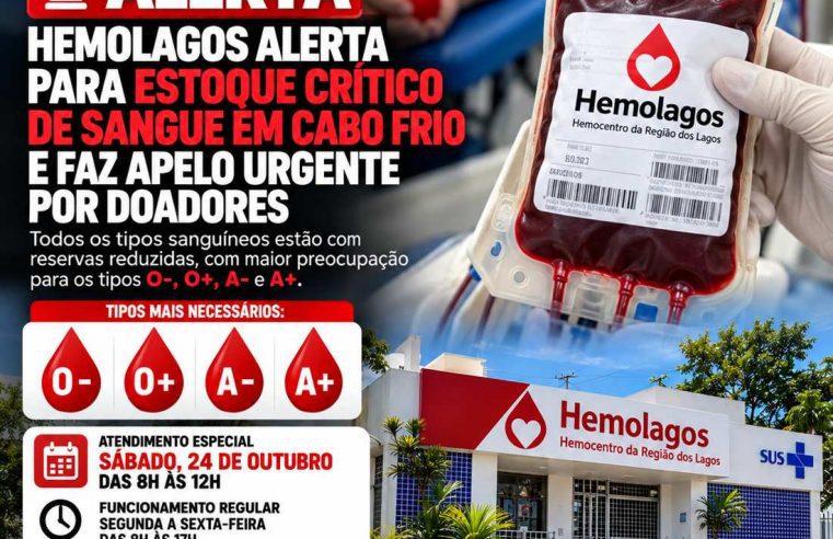 Hemolagos alerta para estoque crítico de sangue em Cabo Frio e faz apelo urgente por doadores