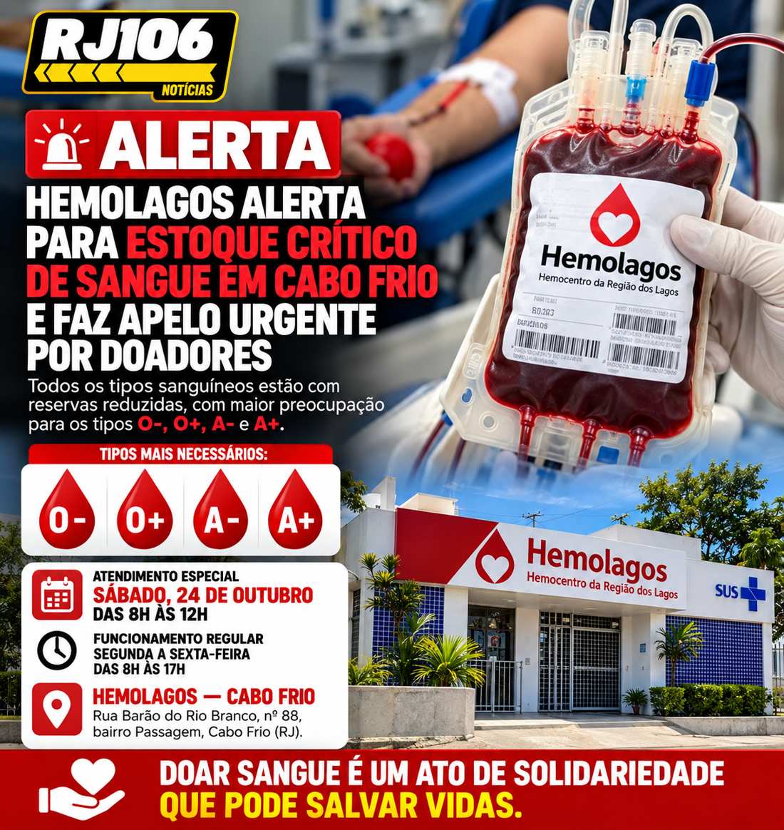 Hemolagos alerta para estoque crítico de sangue em Cabo Frio e faz apelo urgente por doadores