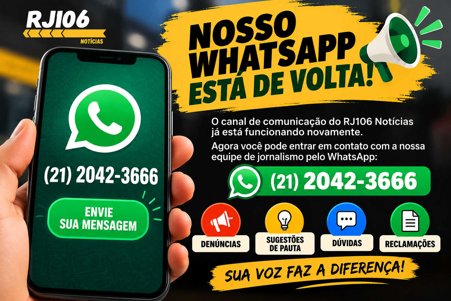 📢 Nosso WhatsApp está de volta! Canal de comunicação com os leitores já está funcionando