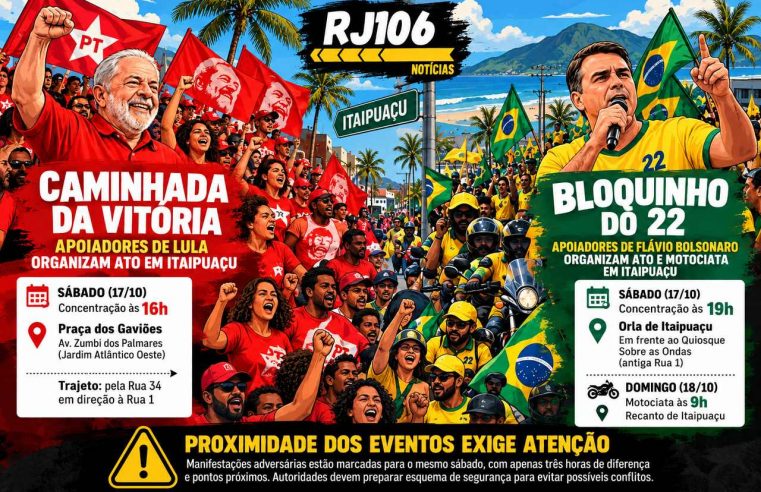 Atos de Lula e Flávio Bolsonaro em Itaipuaçu acendem alerta para possíveis encontros entre militantes e riscos de conflitos