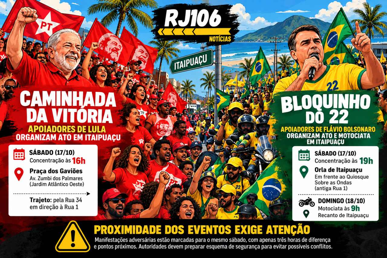 Atos de Lula e Flávio Bolsonaro em Itaipuaçu acendem alerta para possíveis encontros entre militantes e riscos de conflitos