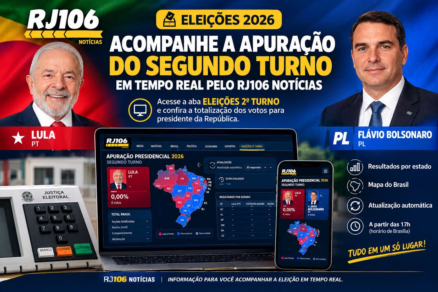 Eleições 2026: acompanhe a apuração do segundo turno em tempo real pelo RJ106 Notícias