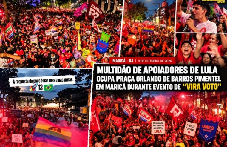 Multidão de apoiadores de Lula ocupa Praça Orlando de Barros Pimentel, em Maricá, durante evento de “Vira Voto”