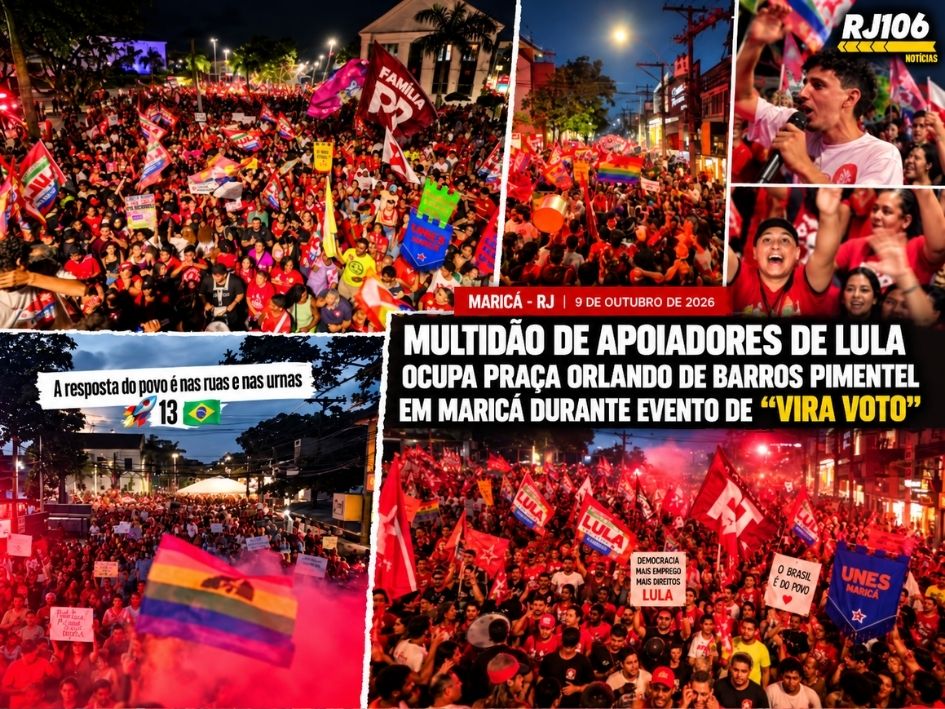 Multidão de apoiadores de Lula ocupa Praça Orlando de Barros Pimentel, em Maricá, durante evento de “Vira Voto”